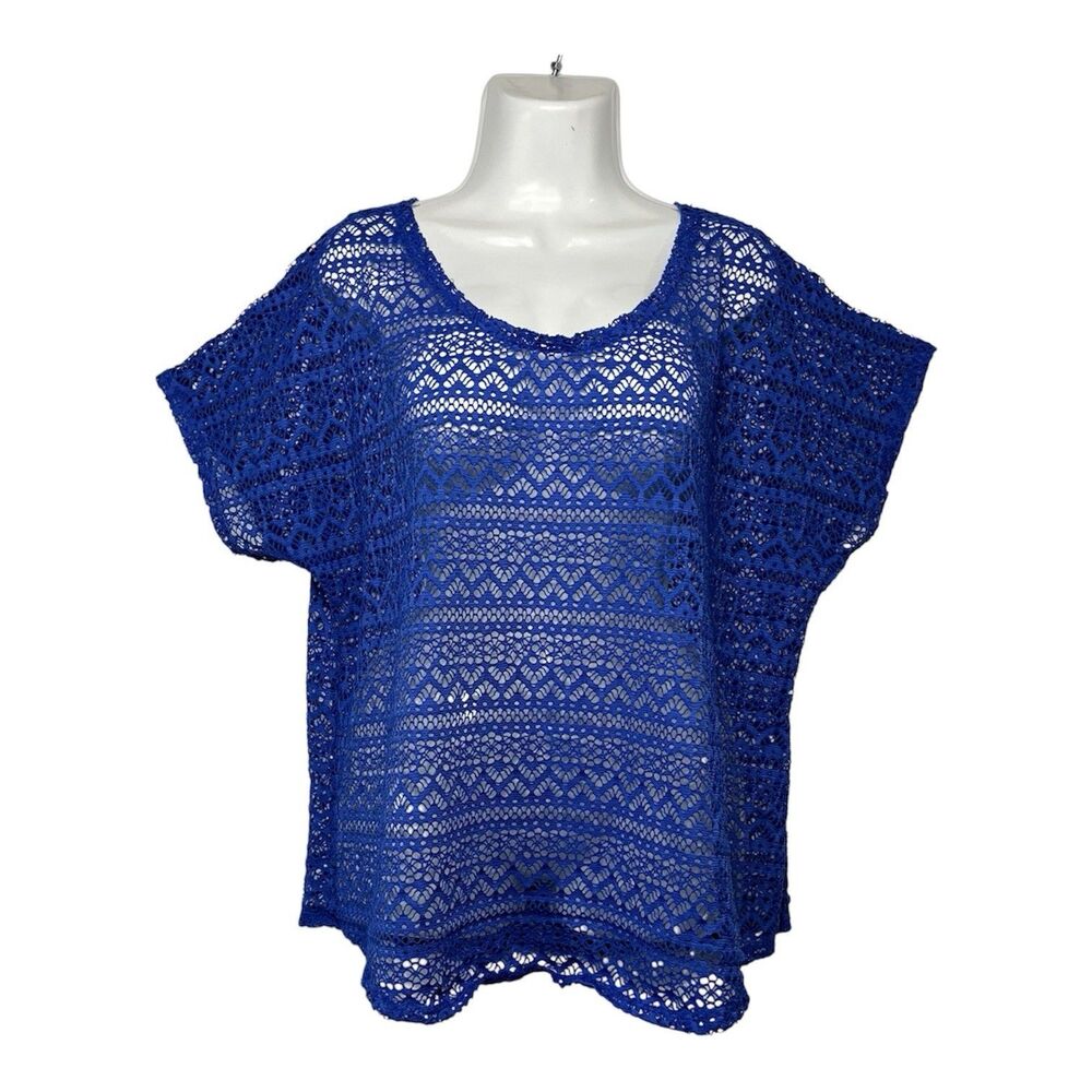 Lavanya Women Plus Size 2X Top Blue Open Crochet Knit Mesh Cover Up Boho Beach